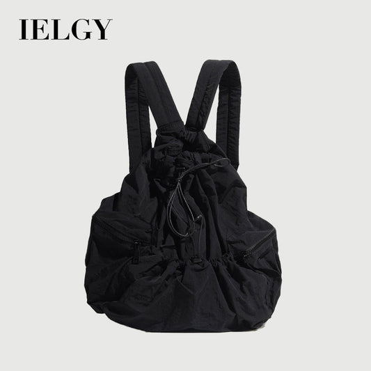 Ielgy Japanese Korean Drawstring Backpack Harajuku Style Large Capacity School Bag Casual All-Match Pleated Nylon Canvas Backpack