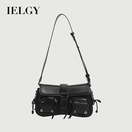 Ielgy High-End Feeling Black Motorcycle Bag Sweet Cool Hot Girl Baguette Bag Niche One-Shoulder Messenger Underarm Bag