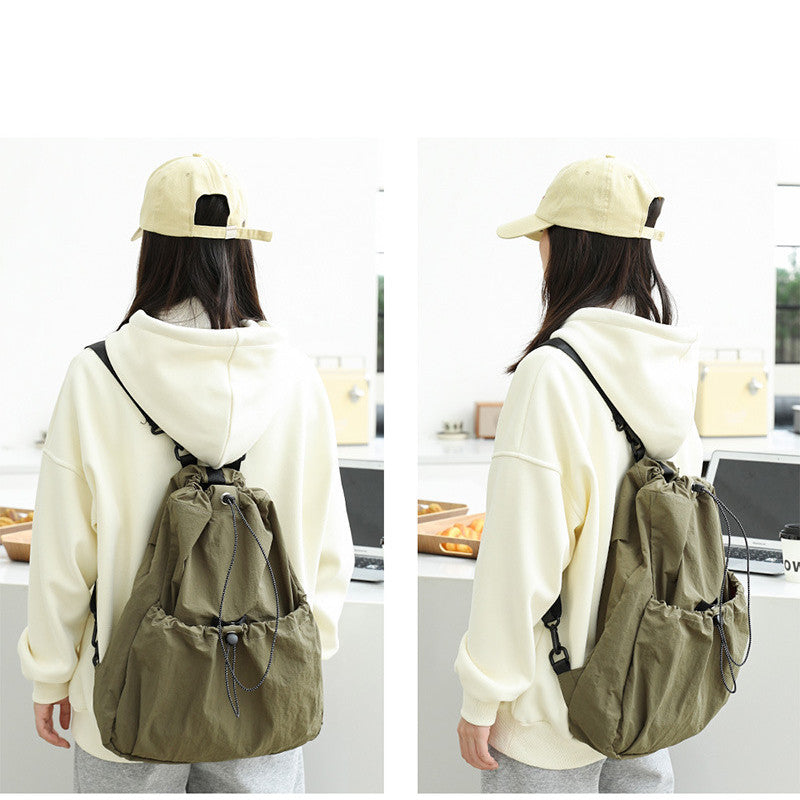 Ielgy Korean Version Casual Literary Canvas Backpack Fashion Nylon Large Capacity School Bag Drawstring Pleated Backpack