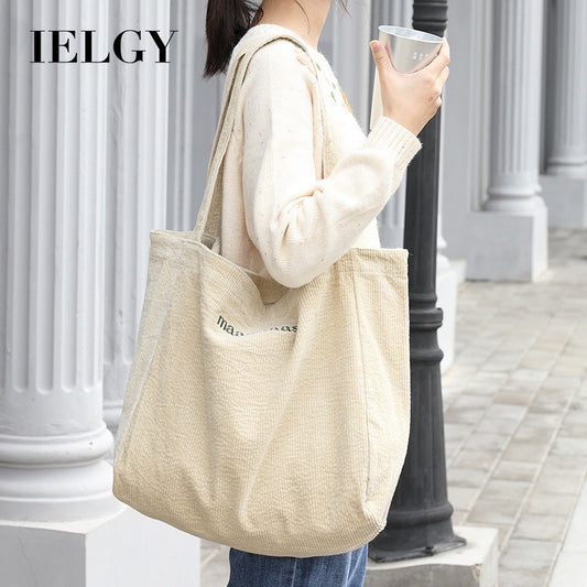 Ielgy Japanese Casual Literary Handbag Letter Embroidery Canvas Shopping Bag Fashion Corduroy Shoulder Bag