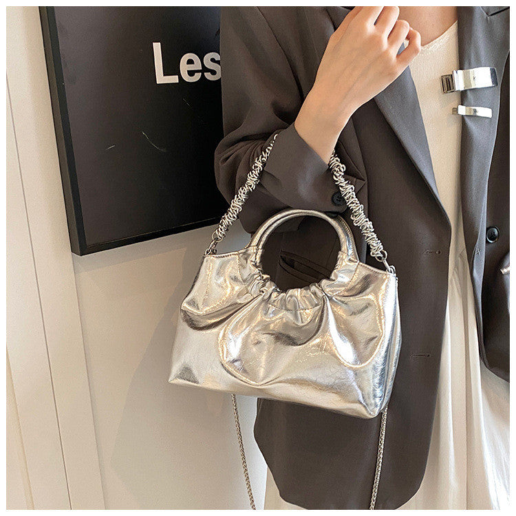 Ielgy Ladies Portable Pleated Bag Chain Silver Crossbody Cloud Bag
