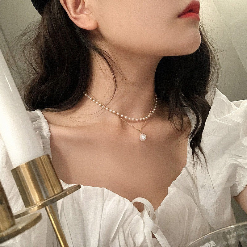 Ielgy Ladies Trendy All-Match Niche Double Pearl Pendant Necklace Simple Classy Necklace Clavicle Chain