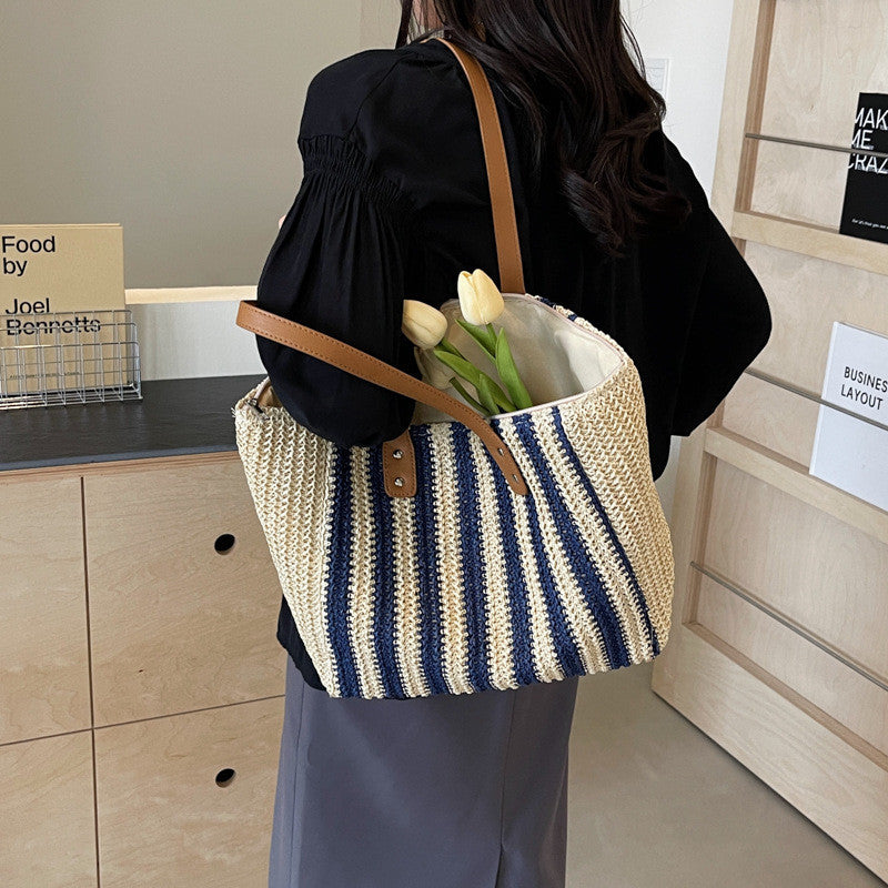 Ielgy Retro Large-Capacity Straw Woven One-Shoulder Texture Woven Beach Vacation Tote Bag