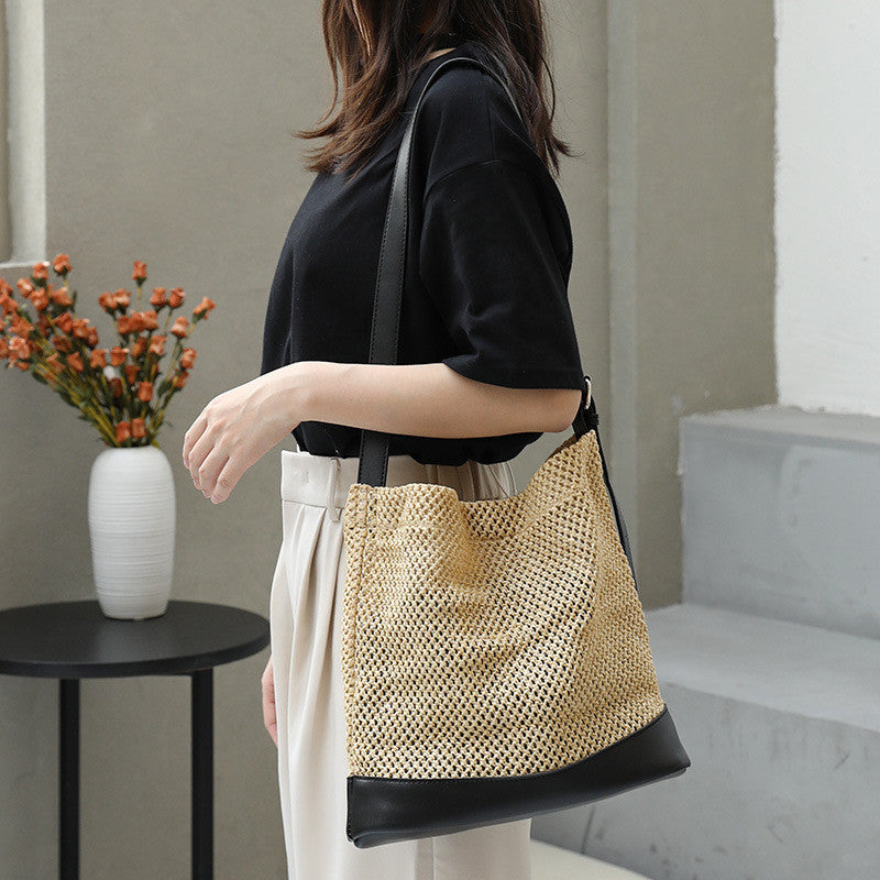 Ielgy Japanese Casual Stitching Child-Mother Bag Vacation Beach Straw Woven One-Shoulder Messenger Fe