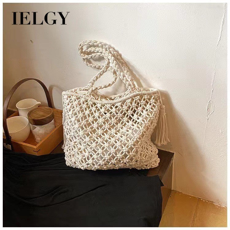 Ielgy Ladies Hollow Cotton Thread Woven Bag One Shoulder Tassel Straw Woven Holiday Style Beach Bag All-Match