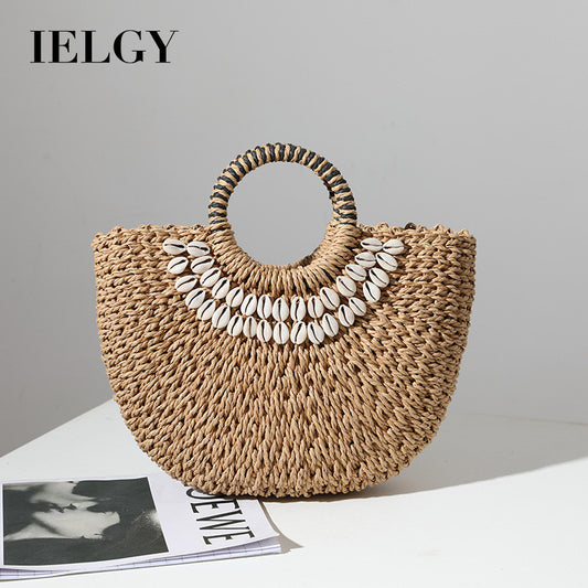 Ielgy Ladies Retro Straw Woven Portable Semicircle Shell Hand-Woven Seaside Vacation Beach Bag