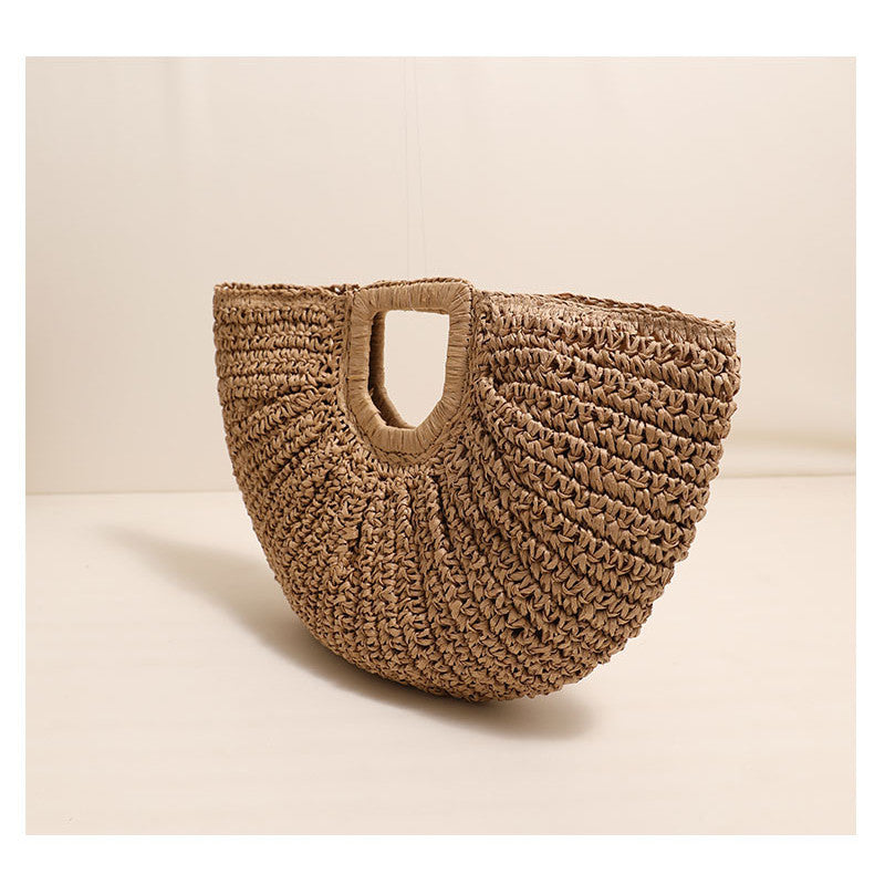Ielgy All-Match Simple Solid Color Portable Straw Bag Moon Clutch Straw Bag Woven Holiday Style Beach Female Bag