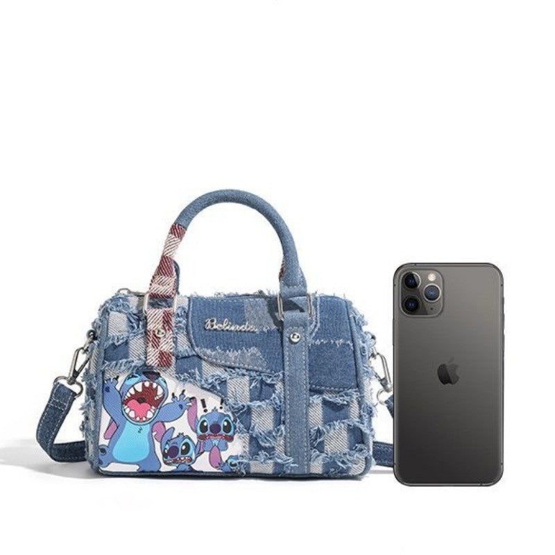 Ielgy Contrast Color Niche Cartoon Stitch Denim Bag Hole Stitching Cross-body Portable Pillow Bag