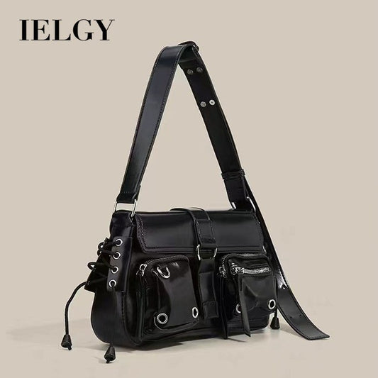Ielgy High-End Feeling Black Motorcycle Bag Sweet Cool Hot Girl Baguette Bag Niche One-Shoulder Messenger Underarm Bag
