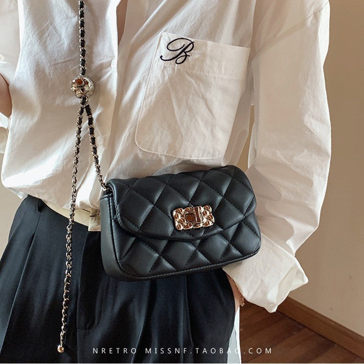 Ielgy Ladies Black Diamond Small Golden Ball Chain Small Square Bag Fashionable All-Match Shoulder Messenger Bag
