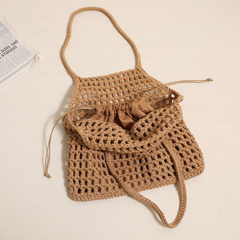 Ielgy Hollow Portable Cotton Thread Woven Bag Leisure Straw Woven Holiday Style Beach Bag All-Match Female Bag