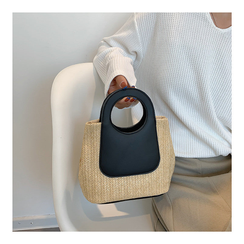 Ielgy Ladies Retro Contrast Color Stitching Straw Bag Large Capacity Hand-Woven Bag Simple Fashion One-Shoulder Handba