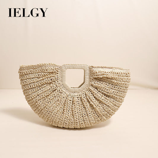 Ielgy All-Match Simple Solid Color Portable Straw Bag Moon Clutch Straw Bag Woven Holiday Style Beach Female Bag