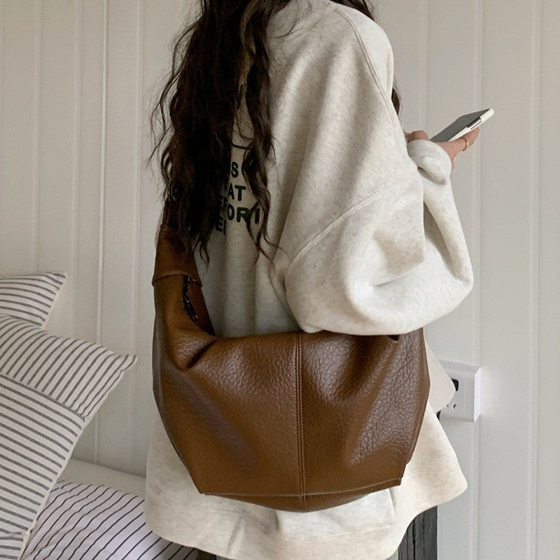 Ielgy Ladies Large-Capacity Retro Soft Leather Pleated Dumpling Bag Lazy Style Casual All-Match Croissant Shoulder Mess