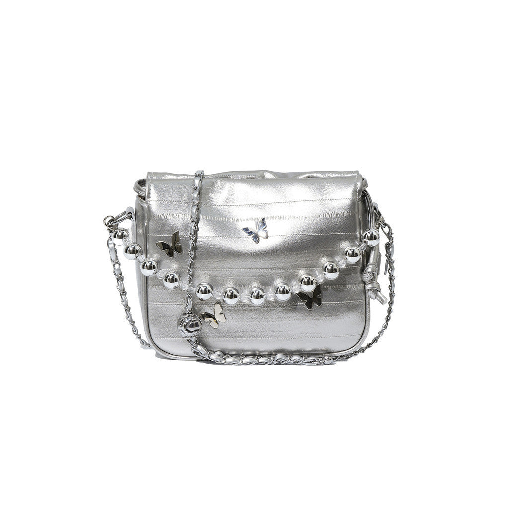 Ielgy Simple Fashion Bucket Female Bag Silver Shoulder Messenger Bag Drawstring Butterfly Eel Portable Small Square Bag