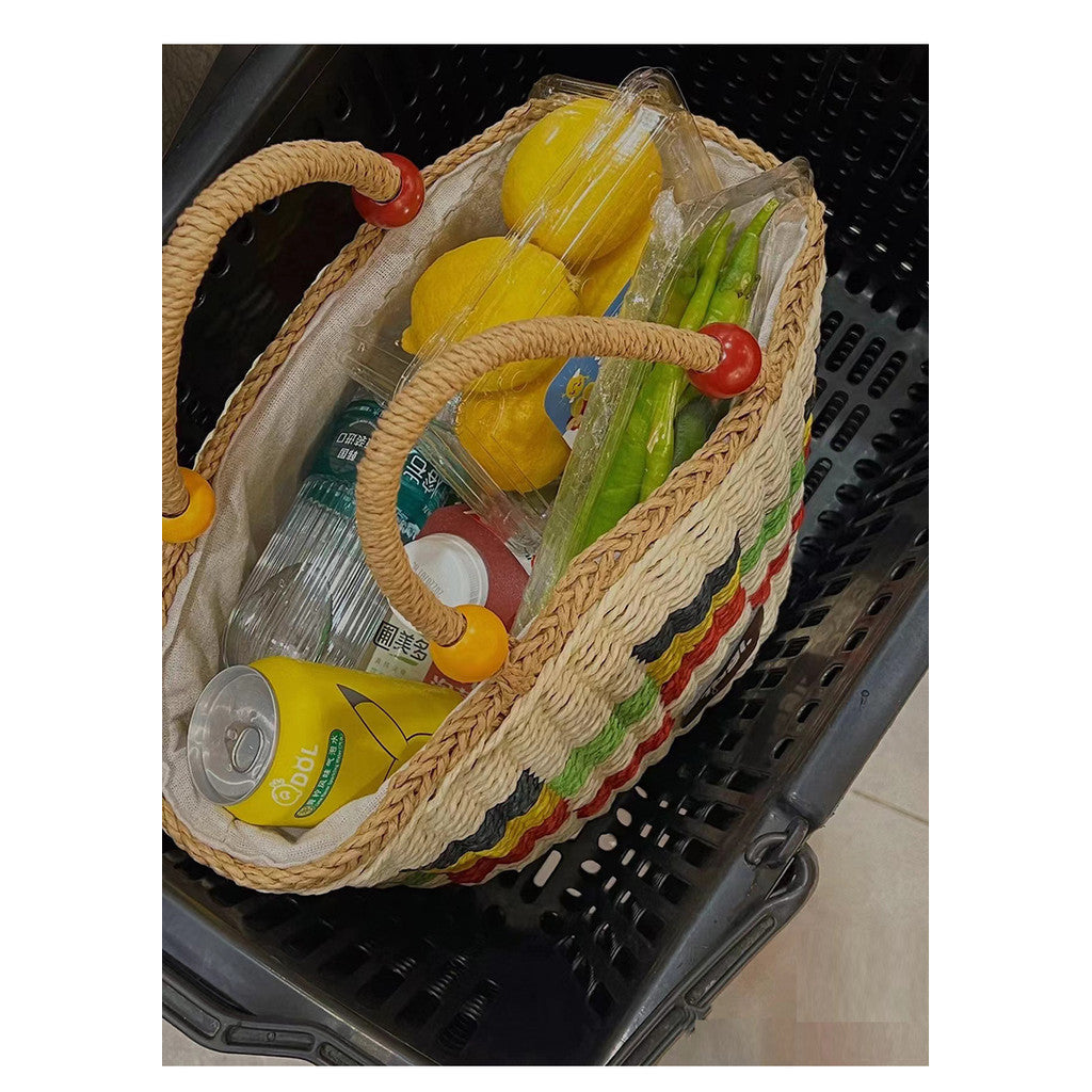 Ielgy Cute Wooden Bead Portable Straw Bag Small Fresh Colorful Lattice Hand-Carrying Woven Bag Fruit Picnic Basket Beach Bag