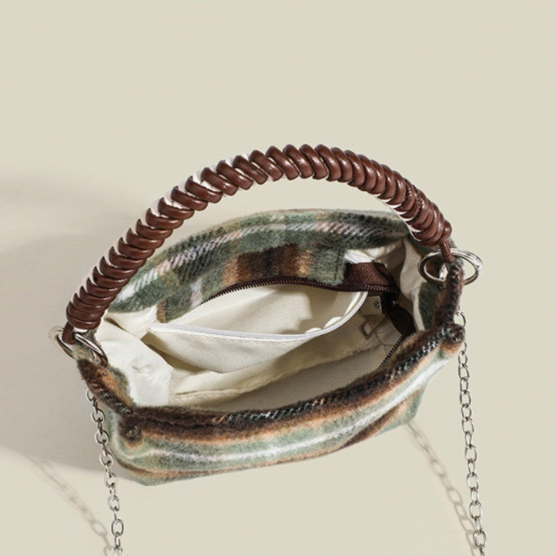 Ielgy Korean Style Lazy Style Portable Plaid Bag Woolen Shoulder Simple Niche Chain Bucket Bag