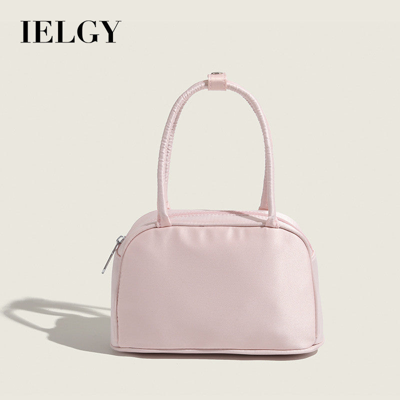 Ielgy Ladies Sweet Silk Satin Handbag Dopamine Pink Boston Handbag