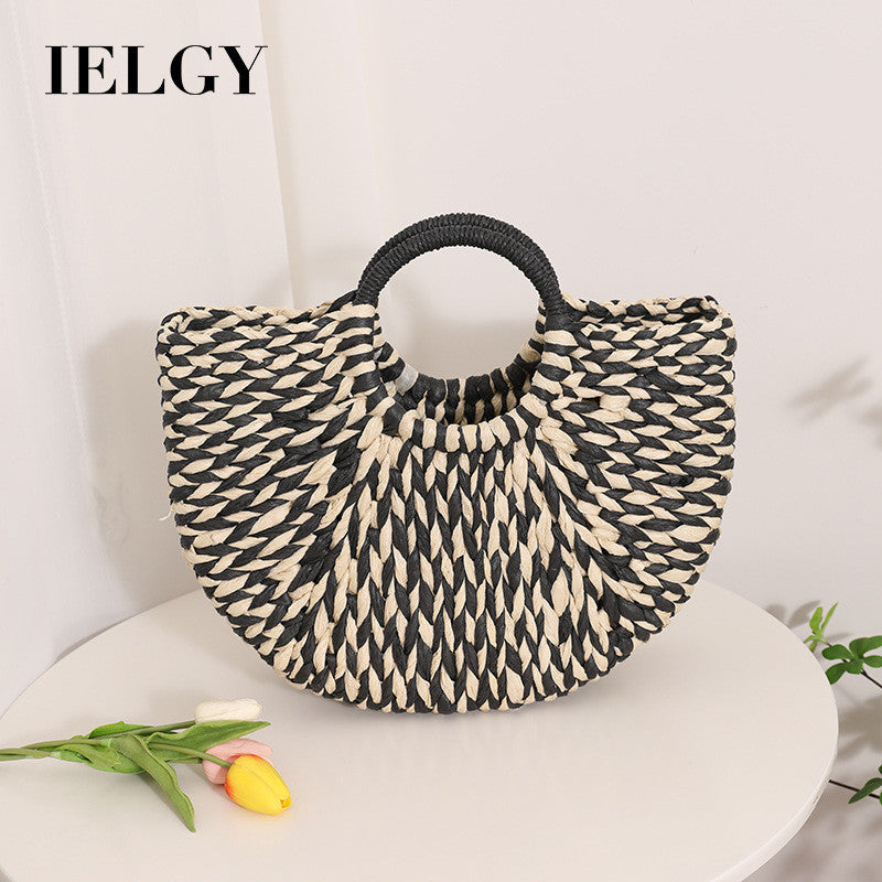 Ielgy Niche Semicircle Portable Straw Bag Retro Color Hand-Carrying Woven Seaside Vacation Beach Bag