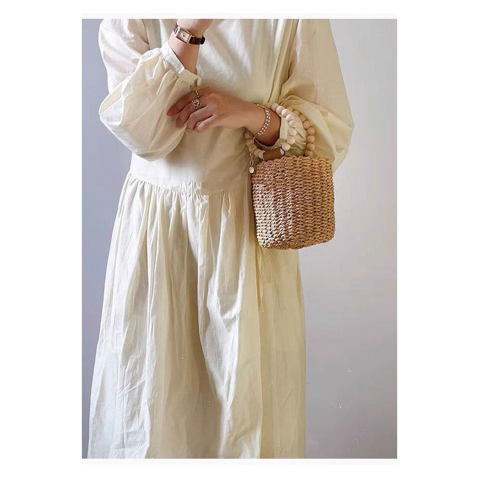 Ielgy Cute Beaded Portable Straw Bucket Bag Hand-Carrying Straw Bag Vacation Style Beach Woven Bag All-Match