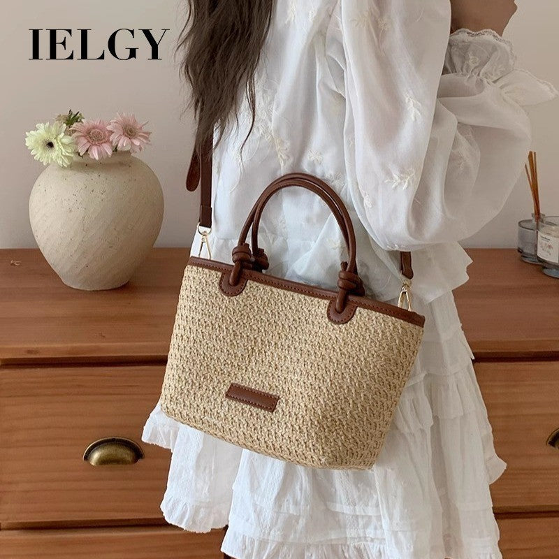Ielgy Beach Style Portable Woven Small Bag Shoulder Cross-body Vegetable Basket Bucket Straw Bag