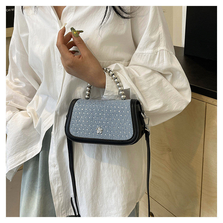 Ielgy Beaded Portable Denim Small Square Bag Summer All-Match Texture Fashion One-Shoulder Messenger Bag