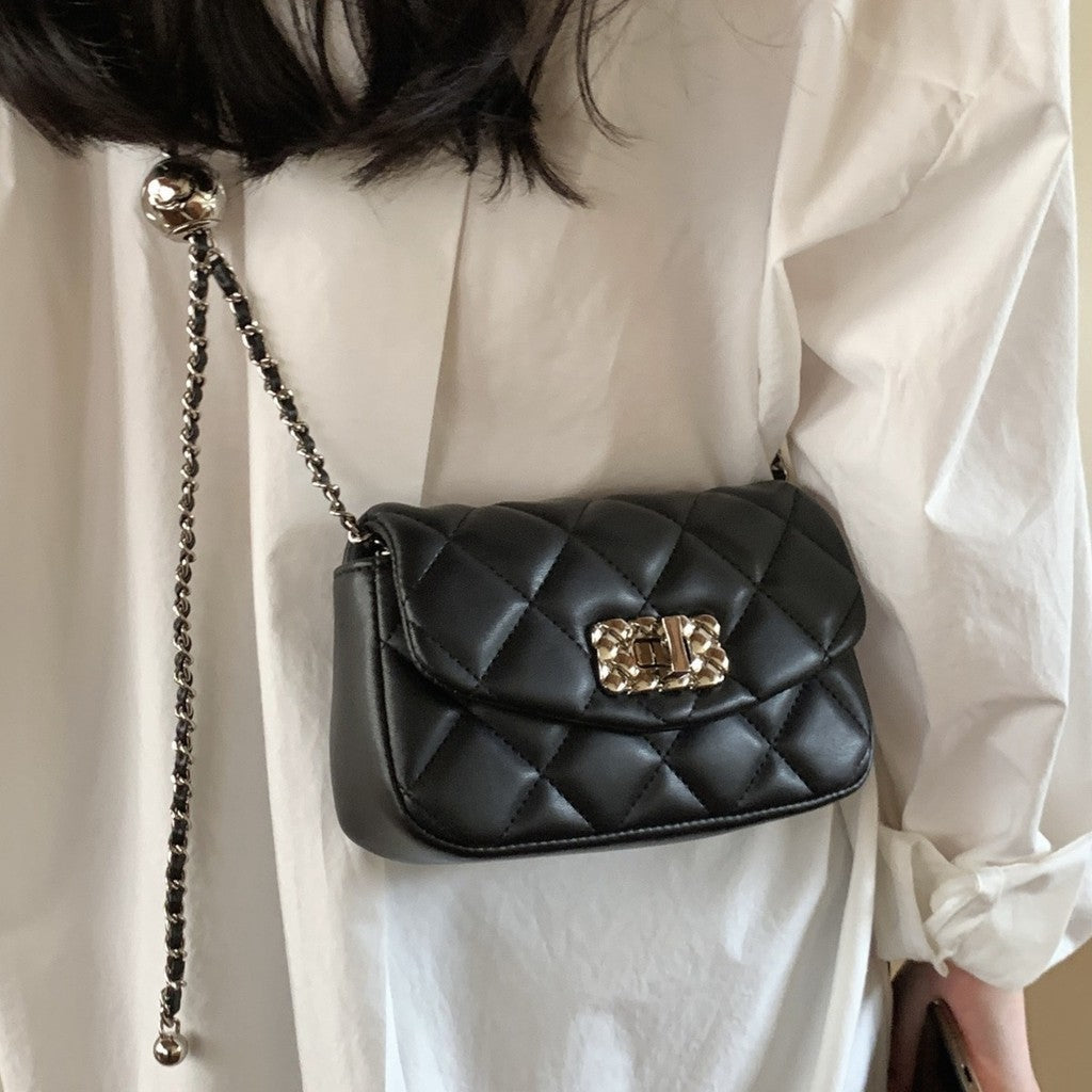 Ielgy Ladies Black Diamond Small Golden Ball Chain Small Square Bag Fashionable All-Match Shoulder Messenger Bag