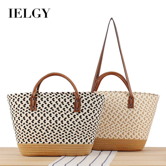 Ielgy Bohemian Style Hand-Woven Bag Seaside Vacation Travel Straw Woven Large Capacity Leisure Simple Commuter Female Bag