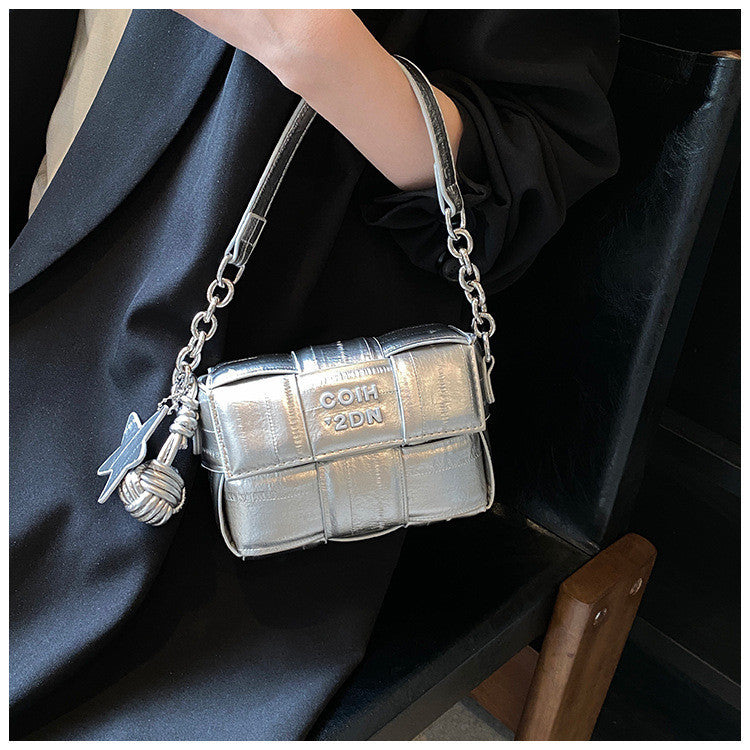 Ielgy All-Match Silver Feel One-Shoulder Messenger Woven Small Square Bag High-End Mobile Phone