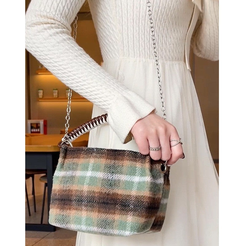 Ielgy Korean Style Lazy Style Portable Plaid Bag Woolen Shoulder Simple Niche Chain Bucket Bag
