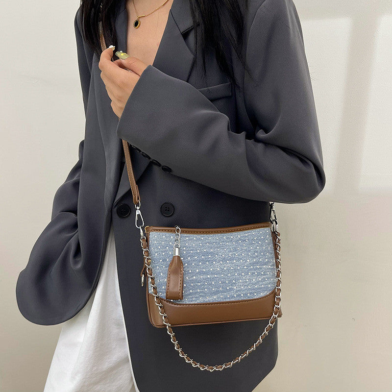 Ielgy Contrast Color Denim Bag All-Match Chain Cross-Body Bucket Bag