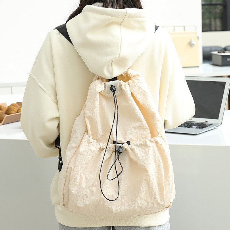 Ielgy Korean Version Casual Literary Canvas Backpack Fashion Nylon Large Capacity School Bag Drawstring Pleated Backpack