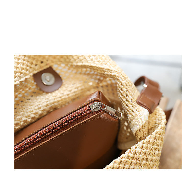 Ielgy Japanese Casual Stitching Child-Mother Bag Vacation Beach Straw Woven One-Shoulder Messenger Fe