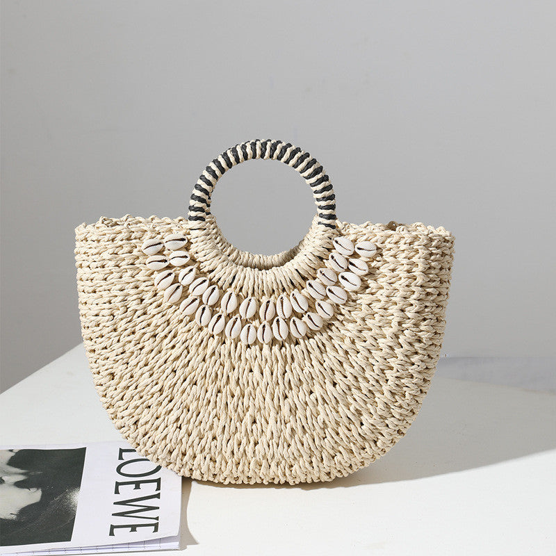 Ielgy Ladies Retro Straw Woven Portable Semicircle Shell Hand-Woven Seaside Vacation Beach Bag