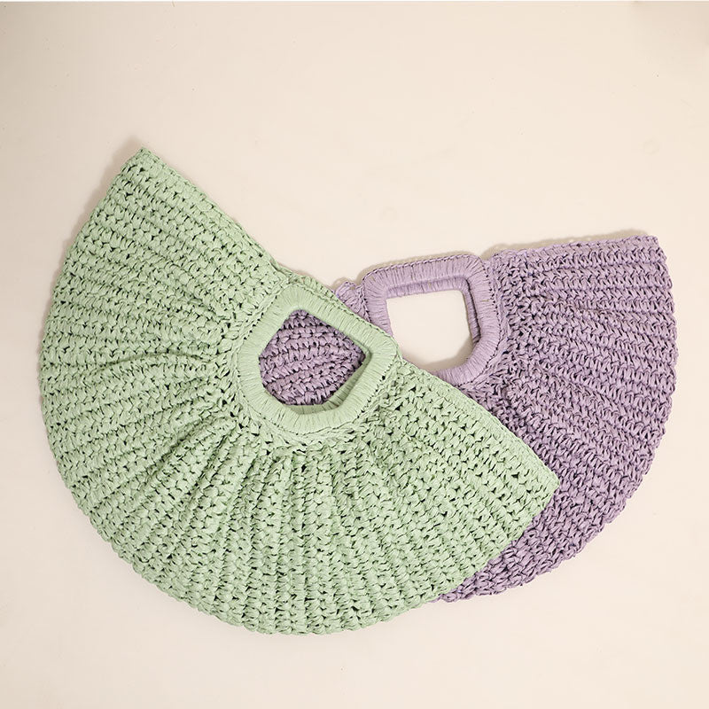 Ielgy All-Match Simple Solid Color Portable Straw Bag Moon Clutch Straw Bag Woven Holiday Style Beach Female Bag