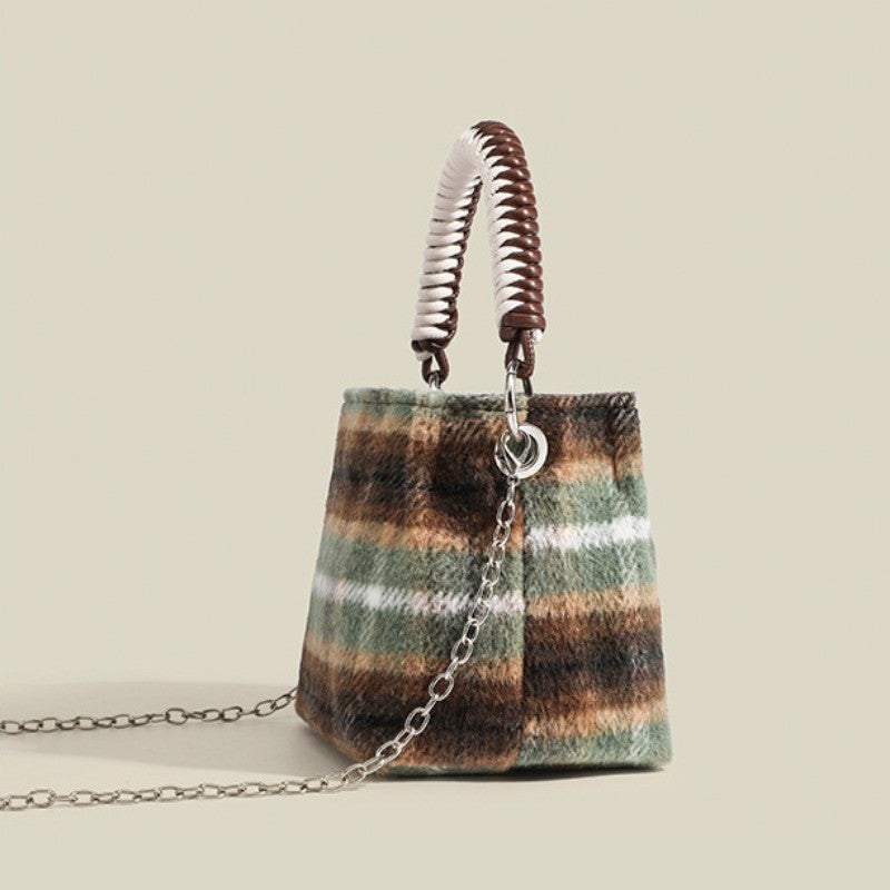 Ielgy Korean Style Lazy Style Portable Plaid Bag Woolen Shoulder Simple Niche Chain Bucket Bag