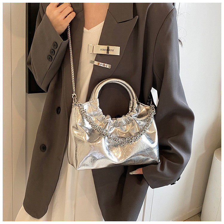 Ielgy Ladies Portable Pleated Bag Chain Silver Crossbody Cloud Bag