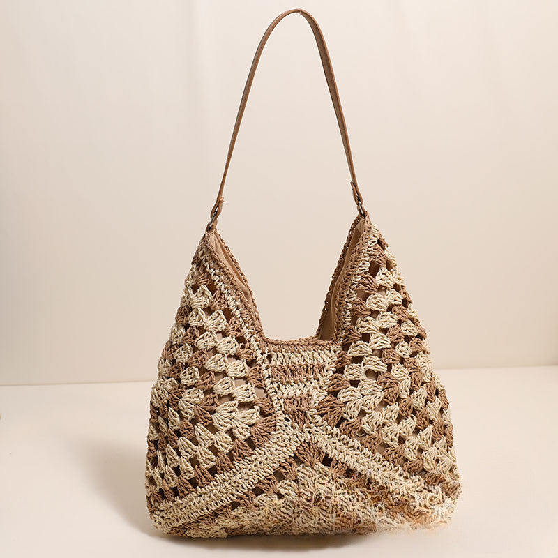 Ielgy Straw Hollow Contrast Color Woven Bag Vacation Beach Bag