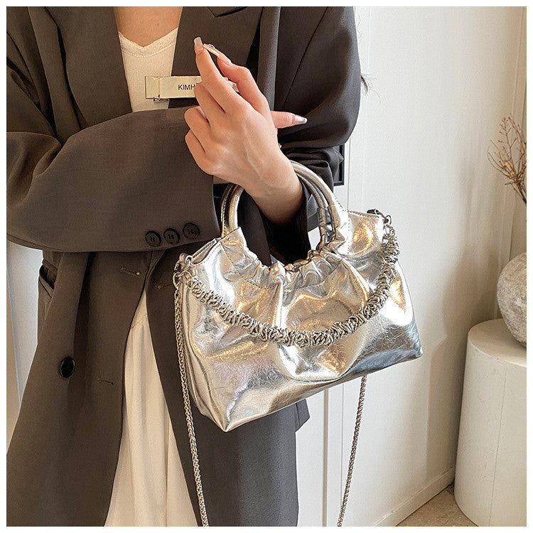 Ielgy Ladies Portable Pleated Bag Chain Silver Crossbody Cloud Bag