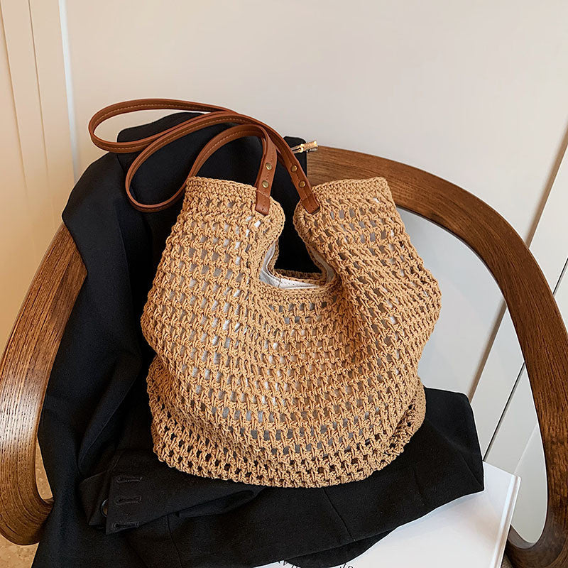 Ielgy Ladies Large-Capacity One-Shoulder Cotton Thread Woven Bag Hollow Mesh Pattern Tote Bag Seaside V