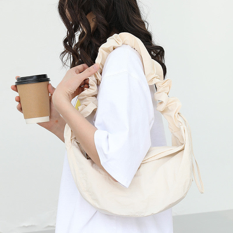 Ielgy Korean Version Casual Literary One-Shoulder Female Bag Pleated Nylon Dumpling Bag Fashion Drawstring Canvas Messenger Bag