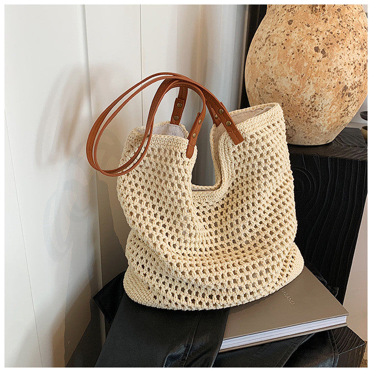 Ielgy Ladies Large-Capacity One-Shoulder Cotton Thread Woven Bag Hollow Mesh Pattern Tote Bag Seaside V