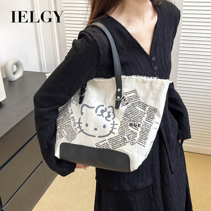 Ielgy Letter Tassel Canvas Bag Ladies Large-Capacity Simple Commuter Student One-Shoulder To