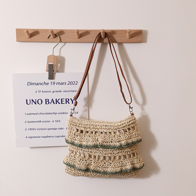 Ielgy Cross-Body Lace Straw Bag Ruffled Colorful Woven Bag Seaside Beach Vacation Bag