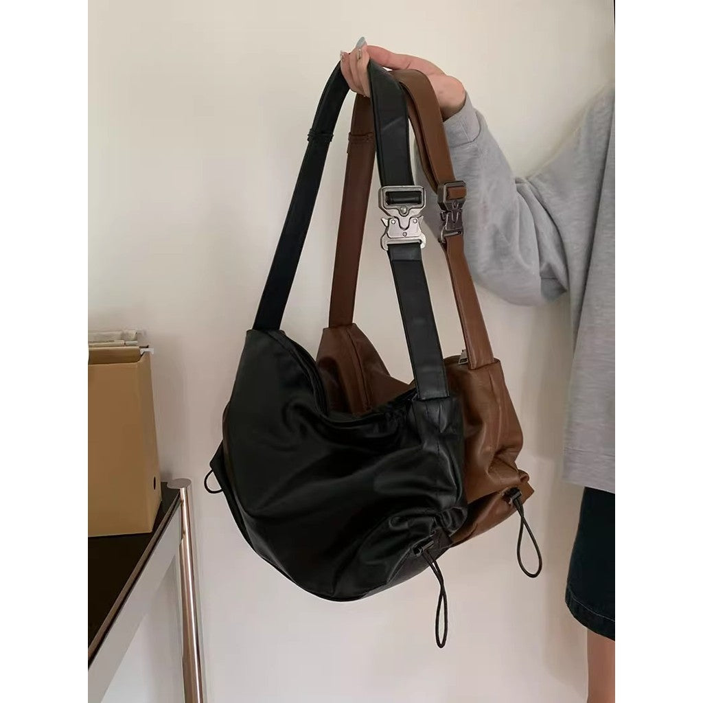 Ielgy Large-Capacity Pleated Tote Bag High-End Commuter Wide Shoulder Strap Messenger Bag