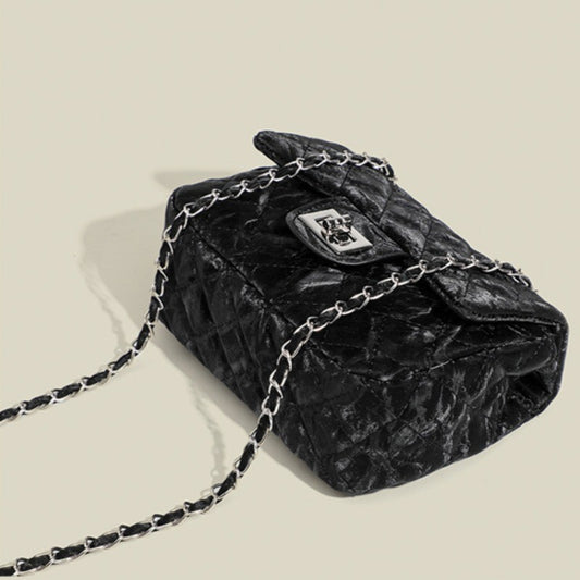 Ielgy Korean Style High-End Chain Small Square Bag Shoulder Crossbody Black Fashion Bag