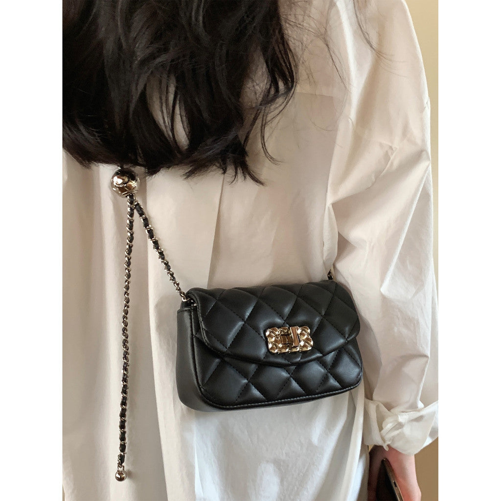 Ielgy Ladies Black Diamond Small Golden Ball Chain Small Square Bag Fashionable All-Match Shoulder Messenger Bag