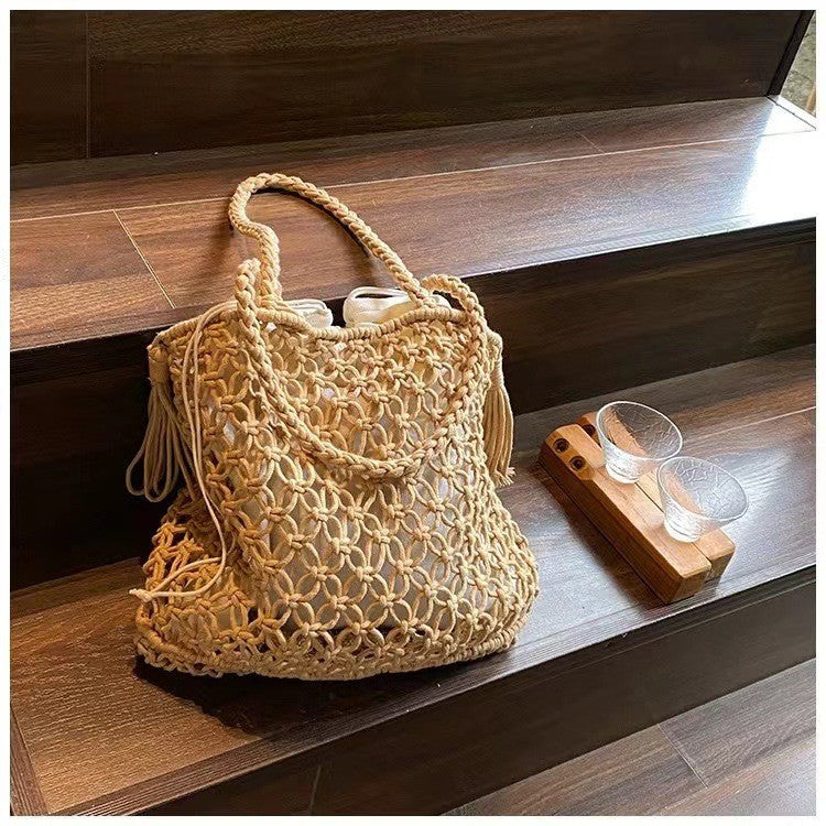 Ielgy Ladies Hollow Cotton Thread Woven Bag One Shoulder Tassel Straw Woven Holiday Style Beach Bag All-Match