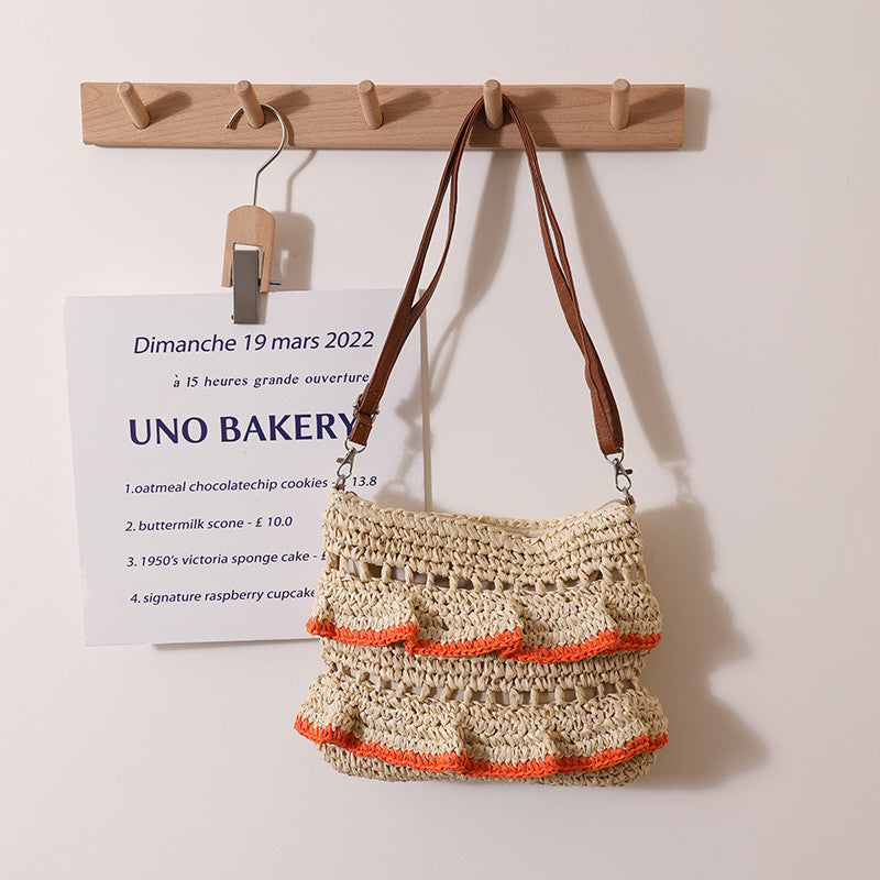 Ielgy Cross-Body Lace Straw Bag Ruffled Colorful Woven Bag Seaside Beach Vacation Bag