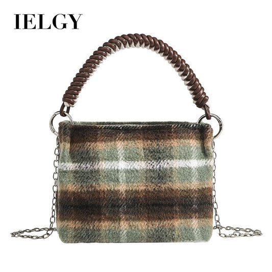 Ielgy Korean Style Lazy Style Portable Plaid Bag Woolen Shoulder Simple Niche Chain Bucket Bag